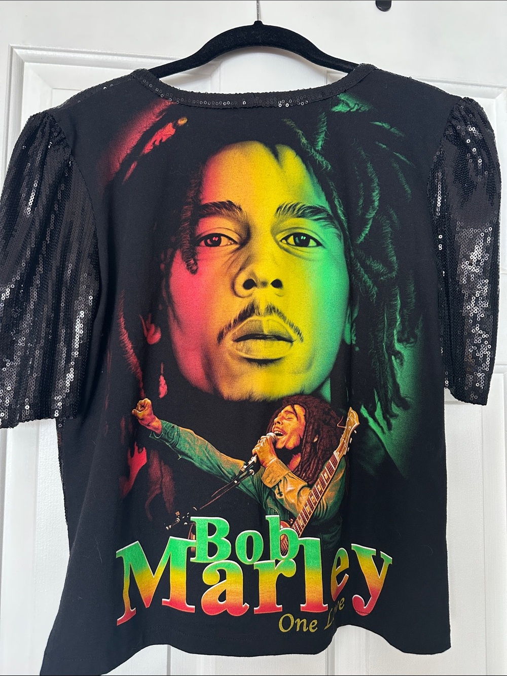 Black Sequin Bob Marley Short-Sleeve Women's Top